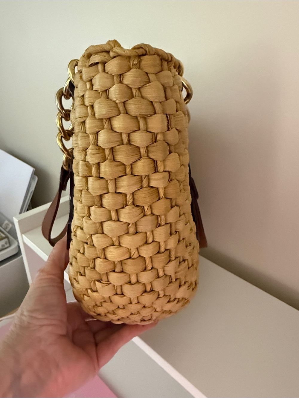 Michael Kors Tan Woven Straw Tote with Brown Leather & Gold Hardware - Picture 2 of 12
